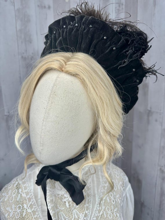 Antique Victorian Mourning Hat Bonnet Black Velvet Ribbons Feathers Beads Black 1890s Victorian Mourning HAT Inky Black Brim Bonnet Beaded  main image 3