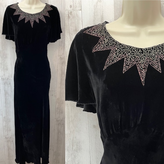 1920s Antique Dress~Black Velvet Beaded Art Deco … - image 1