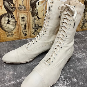 1910s True Edwardian White Canvas Antique Boots Vintage Lace Up 9.5”