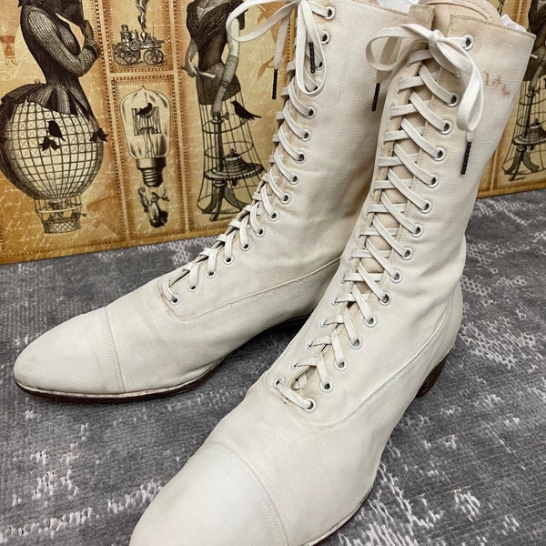 Botas antiguas de lona blanca eduardiana auténtica de la década de 1910 Vintage con cordones de 9,5"