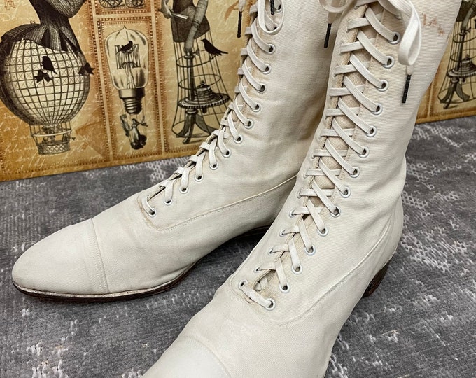 1910s True Edwardian White Canvas Antique Boots Vintage Lace Up 9.5”