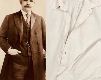 1890s Victorian Mens Negligee Shirt~Made in France~Ecru Linen Coat Shirt~Antique Button Front 42" Chest 1900s