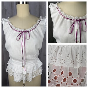 1910s True Edwardian Corset Cover Top White Cotton w/Double Ruffle Peplum Trim ~ Purple Silk Pull Tie Ribbon at Neckline 1900s Small