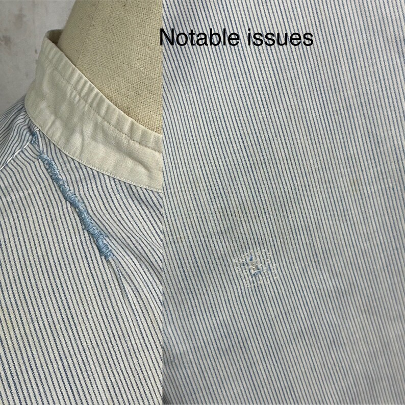 Pu&ograve; includere: Una camicia a righe bianche e blu con colletto bianco. La camicia presenta un piccolo strappo sul lato sinistro del colletto e un piccolo buco sul lato destro della camicia. "Problemi notevoli" &egrave; scritto in nero sul lato destro dell'immagine.