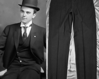 1910-1915s Edwardian Antique Trousers-Black Wool Pants Mens AUTHENTIC-Very RARE! 37x33