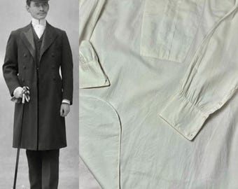 1900s Mens Victorian Dress Shirt ~ Crisp White Cotton ~ 50" Chest 15.5" Collar Shield Front