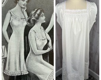 1910s Edwardian Antique Nightgown ~ Crisp White Cotton Chemise Vintage Ruffle Trim - M/L 1900s