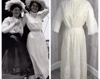 1910s Edwardian Dress~Sheer Swiss Dot Cotton Linen Blend  Ivory Wedding Bridal Gown 1900s XS/S