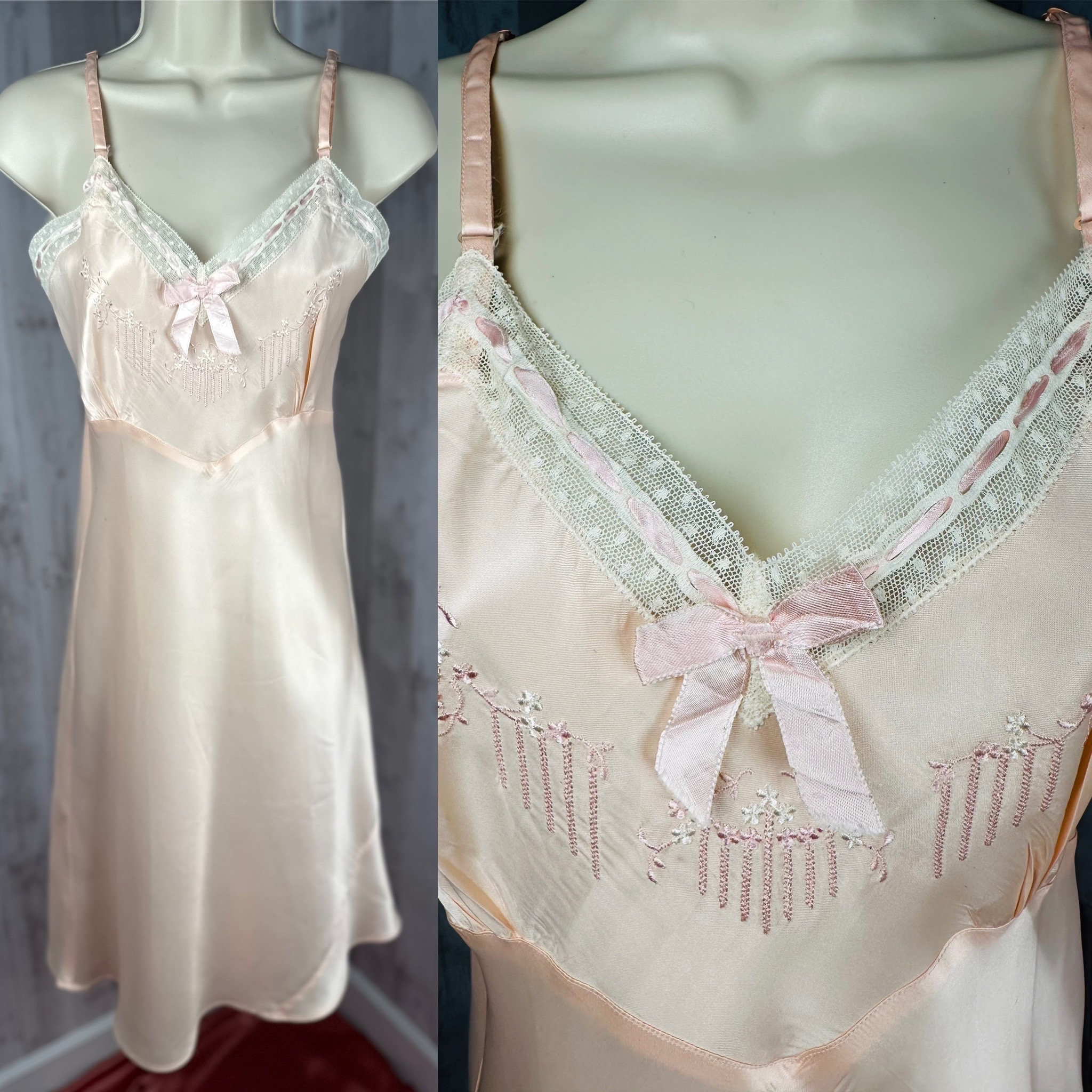トップス 1920s Pale Pink Silk Lingerie Pink Satin Nightgown Women's 1920's Style Lingerie Lace Pink