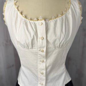 1910s True Edwardian Corset Cover Top White Cotton w/Crochet Trim ~ Pull Tie Neckline 1900s Small