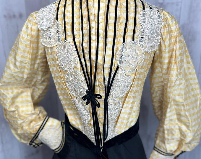 1890s-1900s Victorian Antique Corset Jacket- Yellow & White Checkered Print w/Black Velvet Trim S/XS Jrs