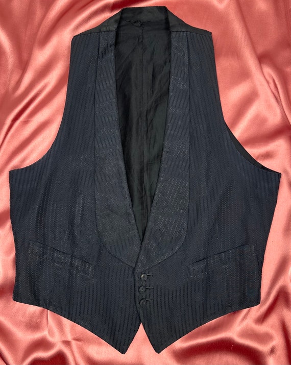 C1910s Antique Vest Formal Inky Black Pinstripe Brocade Print