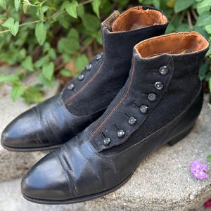 1900s Mens Antique Edwardian Button Boots Shoes Black Leather/Wool Unisex 11” Length ~ WOUNDED