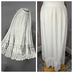 1910s Edwardian Petticoat~Antique White Batiste Cotton Crinoline Skirt with Ruffle Hem 1900s 22” Waist 39” Length