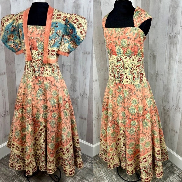 1930s Antique 2PC Cotton Floral Drop Waist A-line Dress w/Bolero Bohemian Paisley Print