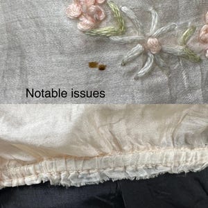 May include: A pale pink silk fabric with delicate embroidered flowers in shades of pink, white, and green. The fabric has a slight sheen and a gathered edge. The text "Notable issues" is visible in the image.