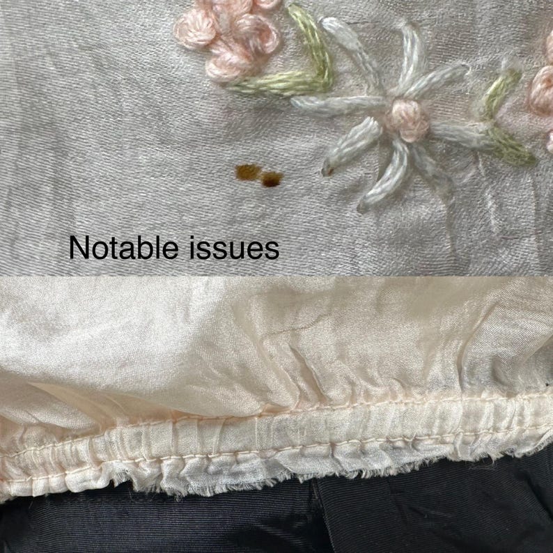 May include: A pale pink silk fabric with delicate embroidered flowers in shades of pink, white, and green. The fabric has a slight sheen and a gathered edge. The text "Notable issues" is visible in the image.