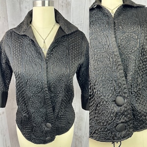 1900s Edwardian Embossed Waist Shirt Blouse Antique Black Satin 1910s M/L