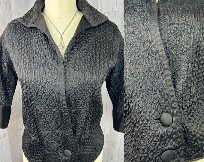 1900s Edwardian Embossed Waist Shirt Blouse Antique Black Satin 1910s M/L