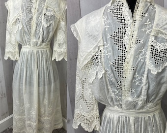 1910s Edwardian Dress~Sheer Ivory Eyelet Batiste Cotton Wedding Gown 1900s XS