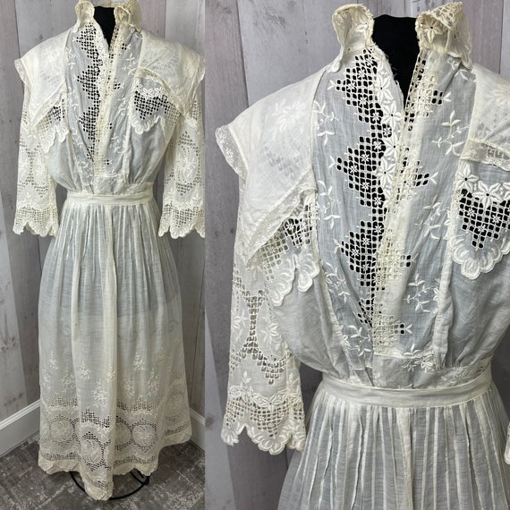 1910s Edwardian Dress~Sheer Ivory Eyelet Batiste Cott… - Gem