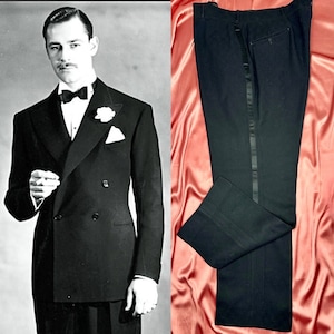 1910-1920s Edwardian Tuxedo Trousers Antique Inky Black Mens Wool Pants AUTHENTIC-Very RARE! 40W x 31.5L