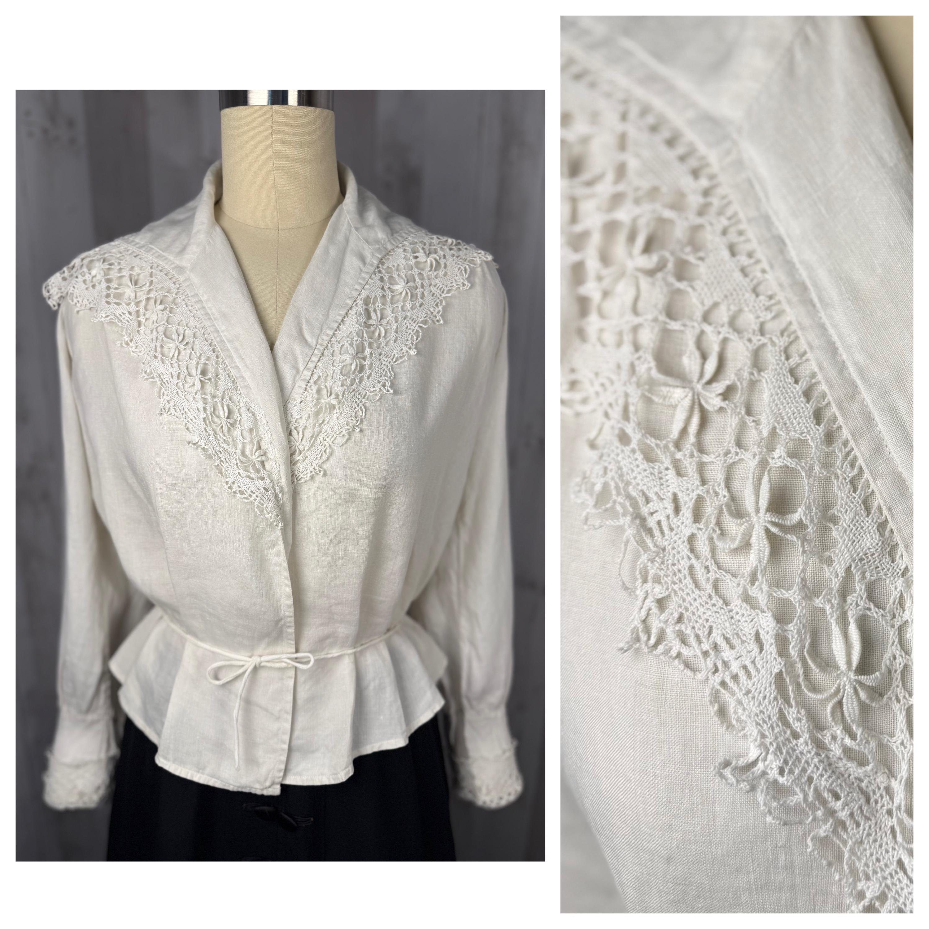 1900s Edwardian Waist Shirt White Linen Blouse W/antique Lace 