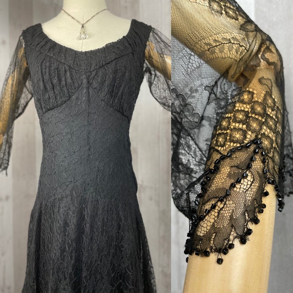 1930s Antique Dress Jet Black Vintage Lace M/30”W… - image 7