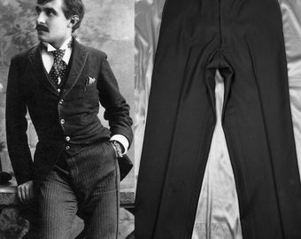 1910s Edwardian Antique Trousers-Black Tuxedo Stripe Formal Pants Mens Wool AUTHENTIC-Very RARE! 34"Waist