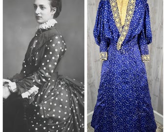 1890年代 ヴィクトリア朝 2ピース ロイヤルブルー シルク ブロケード