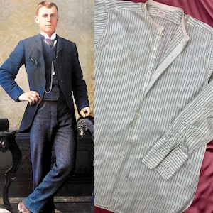 1910s Edwardian Antique Dress Shirt ~ Emerald Green Pinstripe Mens Button Front Silk 46&quot; Chest
