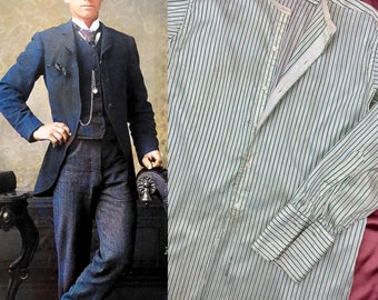 1910s Edwardian Antique Dress Shirt ~ Emerald Green Pinstripe Mens Button Front Silk 46" Chest
