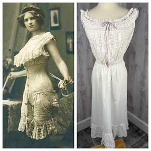 1910s Edwardian Petticoat / Slip Underlayer Dress~Antique Lace White Cotton Crinoline 1900s S/M
