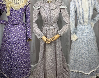 RARE Victorian Lot/3 Gowns 1890-1900s 2pc Dresses~Antique Blue, Purple, & Pink Floral Prints S XS