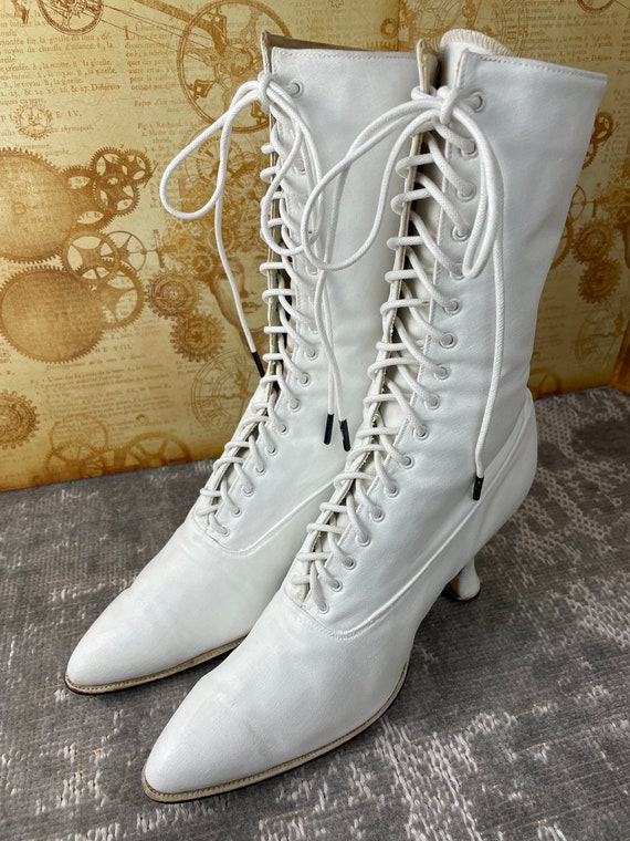 1910s Antique Edwardian White Canvas Lace up Boots