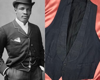1910s Antique Vest Formal Black Herringbone Print Brocade  1920s Menswear Unisex S/M 36" Chest