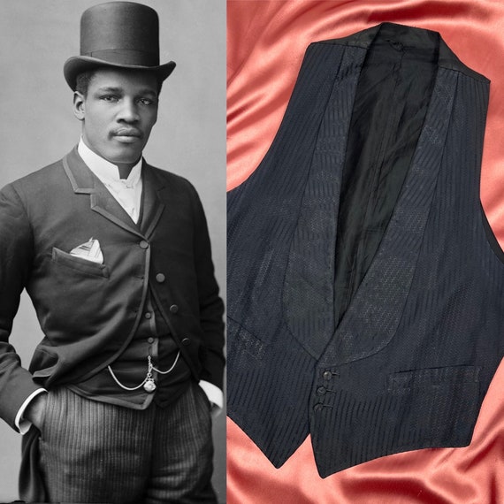 1910s Antique Vest Formal Black Herringbone Print Brocade 1910s Antique Vest Formal Black Herringbone Print Brocade
