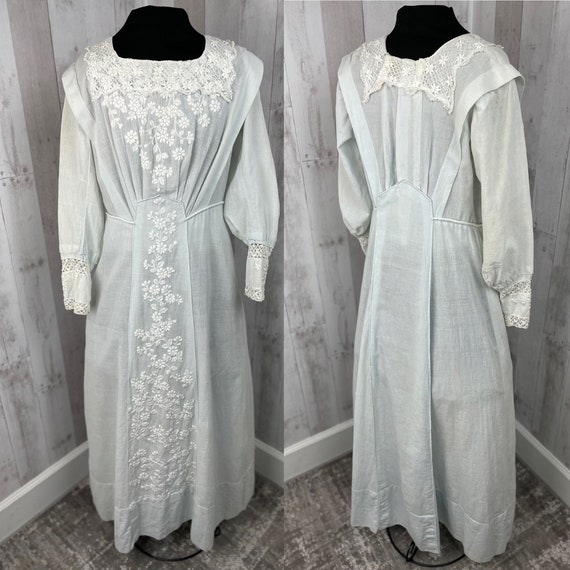 1910s Edwardian Tea Dress Antique Pale Blue Cotto… - image 7