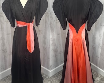 1930s Antique Dressing Gown / Peignoir Robe Black/Pink Art Deco Small