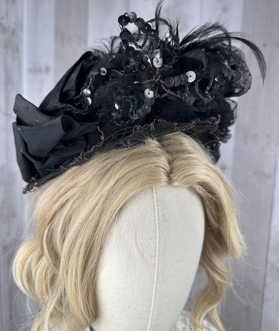 C1880-1890s Victorian French Fashion HAT Inky Black Straw Bun