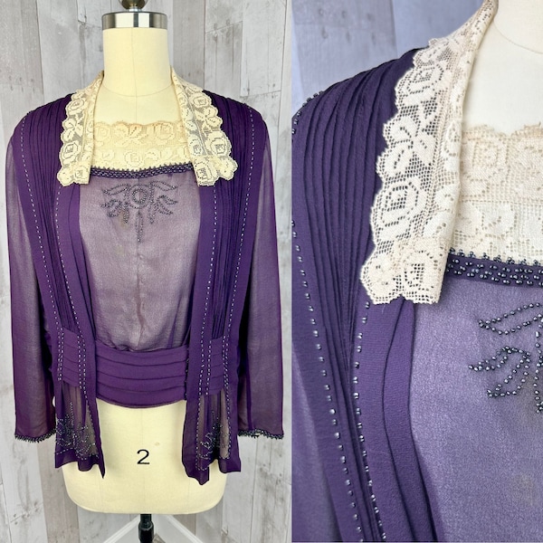 1910s Antique Waist Jacket~Beaded Deep Plum Purple Silk Chiffon Overlay 1900s Rare Wearable Size! M/L