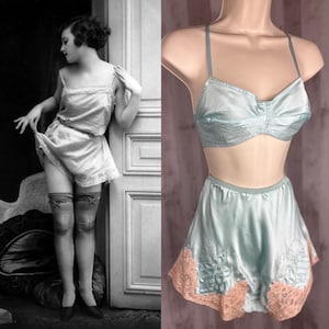 1920s Antique NOS Bra & Satin Chemise Panty Set ~ French Blue Art Deco Lingerie ~ Bandeau Bralette Size Small RARE CONDITION!