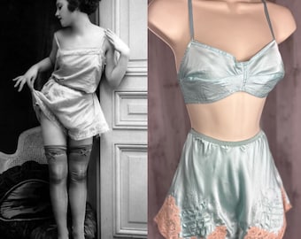 1920s Antique NOS Bra & Satin Chemise Panty Set ~ French Blue Art Deco Lingerie ~ Bandeau Bralette Size Small RARE CONDITION!