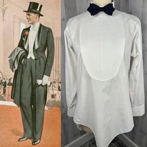 1890s - 1900s Victorian Mens Shield Front Dress Shirt ~ Crisp Bright White w/Pique Cotton Tuxedo Front 42&quot; Chest