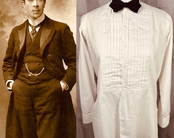 1900s Edwardian Deadstock  Mens Formal Dress Shirt ~ Soft White Linen Fabric 44 Chest