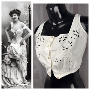 1910s True Edwardian Corset Cover Top Crisp White Cotton w/Cut Out Floral Details ~ 1900s XS/S