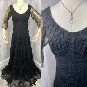 1930s Antique Dress Jet Black Vintage Lace M/30”Waist