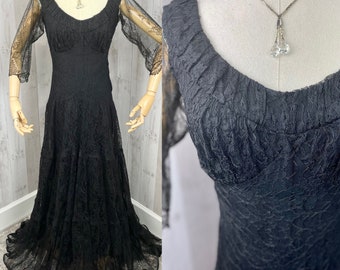 1930s Antique Dress Jet Black Vintage Lace M/30”Waist