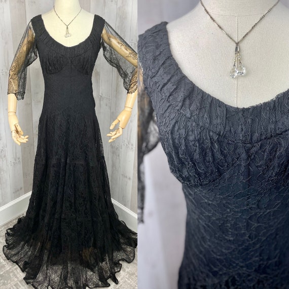 1930s Antique Dress Jet Black Vintage Lace M/30”W… - image 1