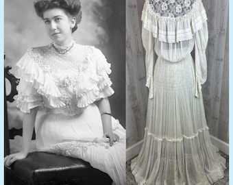 1910s Edwardian 2PC Dress~Sheer Muslin White Batiste Cotton Wedding Bridal Dress 1900s XS/S